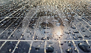 solar panels with rain drops on the surface and sun reflection
