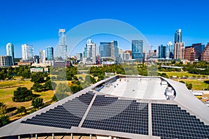 Solar Panels , Renewable Energy massive Solar Array in Austin Texas Skyline Cityscape