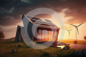 solar panels for renewable green energy on roof of a modern house with wind turbines. Generative AI