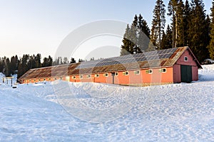 Solar panels on the roof of a barn in a snowy field at sunset