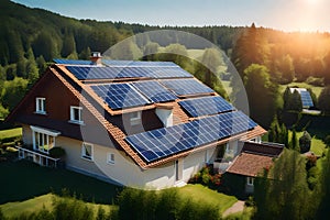 Solar panels on the roof of a beautiful house surrounded by greenery photo