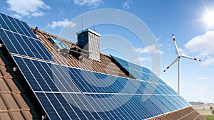 Solar panels on the roof of a family home and a wind turbine