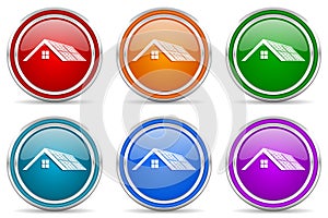 Solar panels on roof of a house, clean energy, power silver metallic glossy icons, set of modern design buttons for web, internet