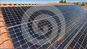 Solar panels on the roof of a house. Photovoltaic cells, generative ai