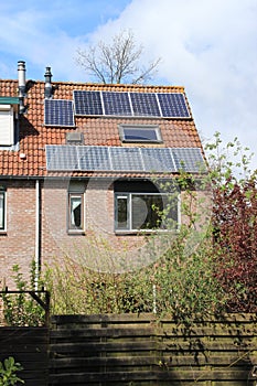 Solar panels on the roof of the house in spring.