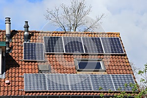 Solar panels on the roof of the house in spring.