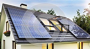 Solar panels on the roof of the modern house