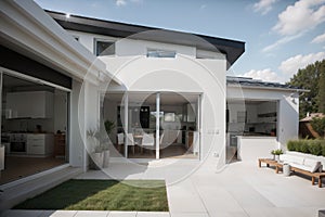 Solar panels on the roof of a modern house. Beautiful house with white kitchen, large windows and a terrace. ing