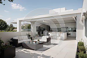 Solar panels on the roof of a modern house. Beautiful house with white kitchen, large windows and a terrace. ing