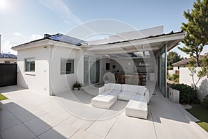 Solar panels on the roof of a modern house. Beautiful house with white kitchen, large windows and a terrace. ing