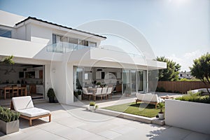 Solar panels on the roof of a modern house. Beautiful house with white kitchen, large windows and a terrace. ing
