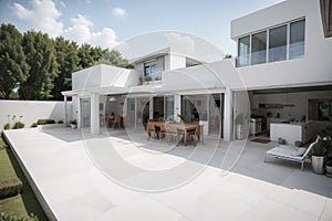 Solar panels on the roof of a modern house. Beautiful house with white kitchen, large windows and a terrace. ing