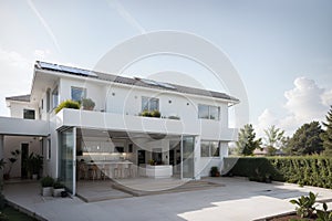 Solar panels on the roof of a modern house. Beautiful house with white kitchen, large windows and a terrace. ing