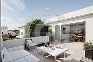 Solar panels on the roof of a modern house. Beautiful house with white kitchen, large windows and a terrace. ing