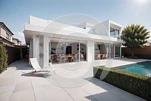 Solar panels on the roof of a modern house. Beautiful house with white kitchen, large windows and a terrace. ing