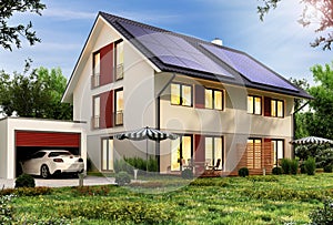 Solar panels on the roof of a modern house with a garage and a car