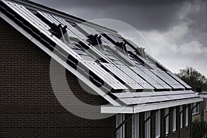 Solar panels on the roof of modern new-build homes in the Netherlands on a heavily overcast day