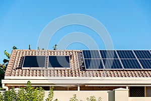 Solar panels on the roof of residential building. Renewable solar energy