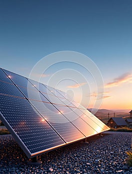 Solar panels in rural landscape at sunset renewable energy 1