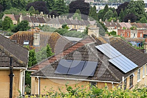 Solar panels and striking chimneys in the city Bath.