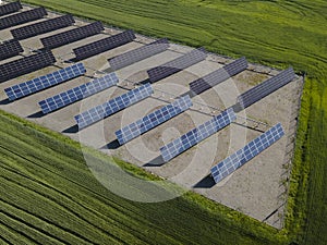 Solar Panels in summer field. Aerial Industrial View