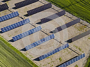 Solar Panels in summer field. Aerial Industrial View