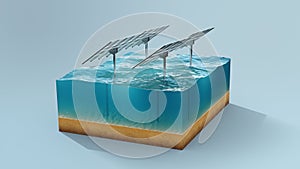 Solar panels on surface sea, ocean. Piece of land, sea in cross section with panels. Concept clean energy, green energy