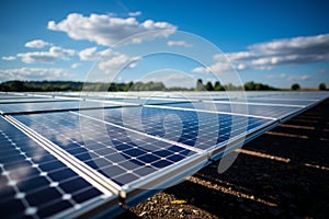 Solar panels under blue sky with white clouds. Solar energy producing with photovoltaic cells