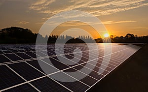 Solar panels with warm sunrise sky