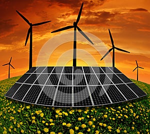 Solar panels and wind turbine