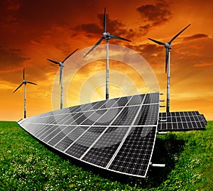 Solar panels and wind turbine