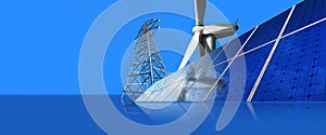 Solar Panels and wind turbine on Blue Background with a Power Line