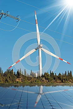 Solar Panels - Wind Turbine - Power Line