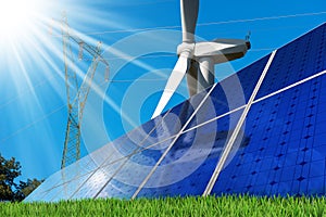 Solar Panels - Wind Turbine - Power Line