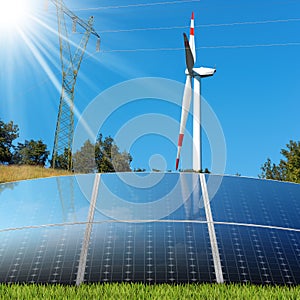 Solar Panels - Wind Turbine - Power Line