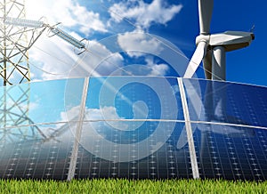 Solar Panels - Wind Turbine - Power Line