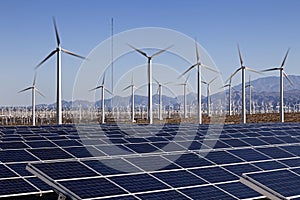 Solar Panels and Wind Turbine Power photo