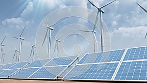 Solar panels and Wind turbines on the background of the desert, blue sky. Concept of clean energy, green energy