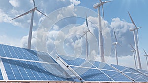 Solar panels and Wind turbines on the background of the desert, blue sky. Concept of clean energy, green energy