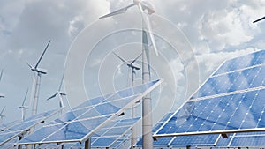 Solar panels and Wind turbines on the background of the desert, blue sky. Concept of clean energy, green energy