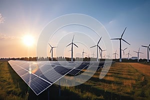 Solar panels and wind turbines in a solar farm, alternative electricity source, Solar panels and wind turbines generate