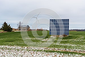 Solar Panels and Wind Turbines in a Field