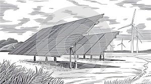 Solar Panels and Wind Turbines in a Field photo