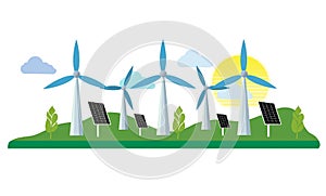 solar panels and wind turbines generating electricity green energy renewable, clean electric energy