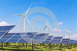 Solar panels and wind turbines in hybrid power plant systems station