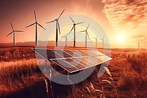 Solar panels and wind turbines in a grassy field with sunlight