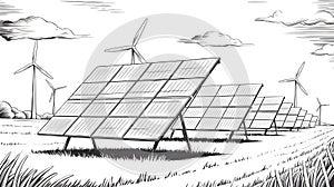 Solar Panels and Wind Turbines for Green Energy Production photo