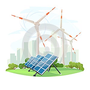 Solar panels and wind turbines, green energy, urban landscape, ecology. Ecological sustainable energy supply. Vector