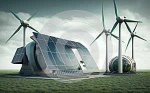 Solar panels and wind turbines in a green field. Generative AI