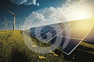 Solar Panels And Wind Turbines In A Green Field. Generative AI
